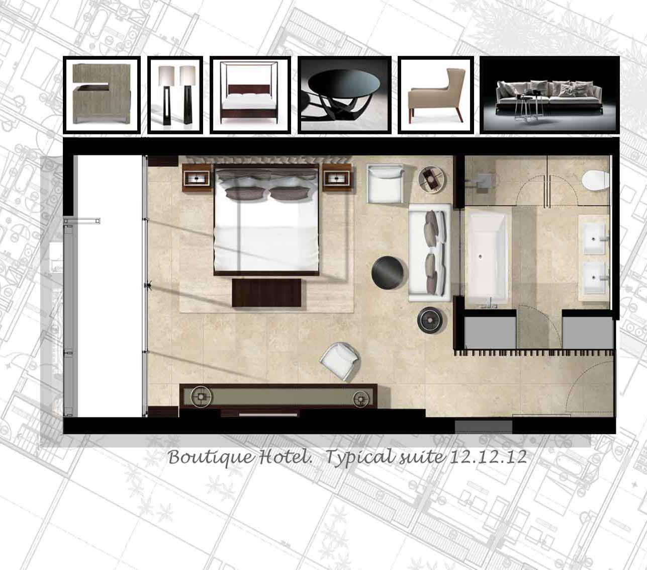 Colour plan of typical suite, showing marble floors at boutique hotel design