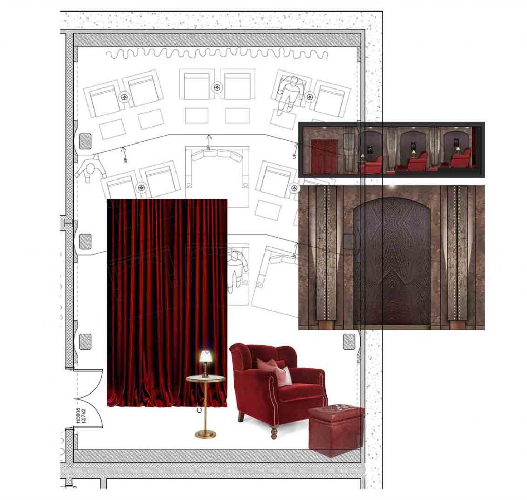 Plan presentation including red velvet arm chair & curtains for Cinema room