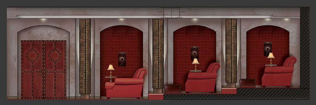 Full colour render of red cinema room concept design