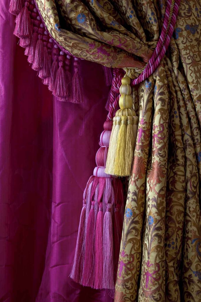 Cerise silk curtains, gold silk curtains, multi colour tassel tie backs