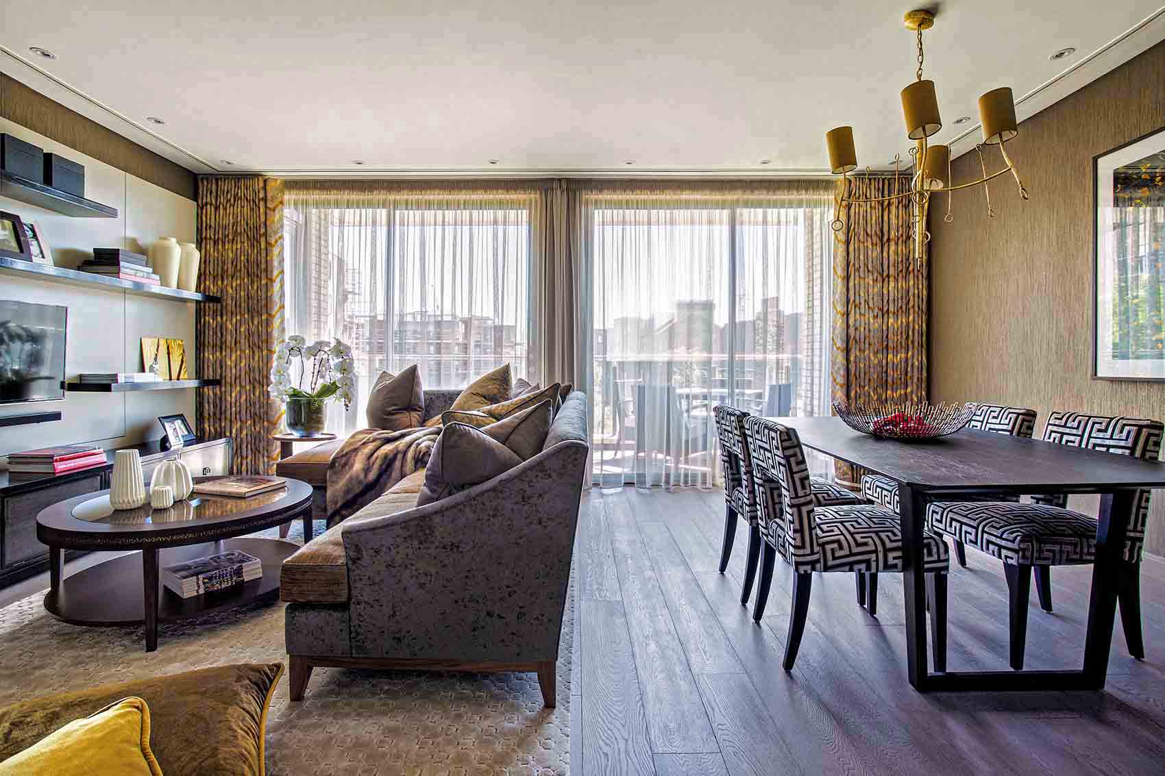 Open plan dining room living room, silk rug, gold curtains, Kensington view, bespoke TV unit