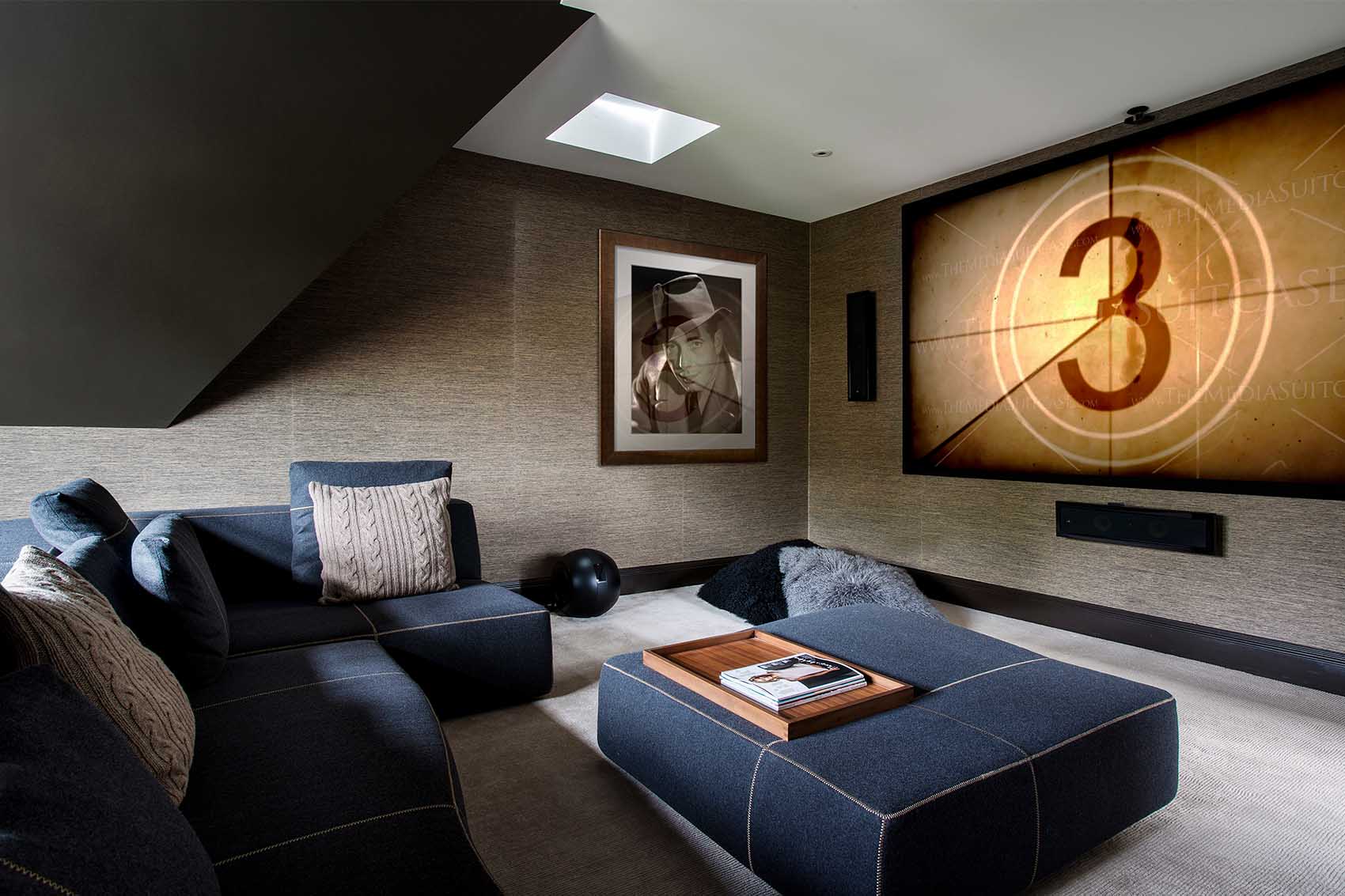 Home cinema, Hampstead house design, B&B Italia sofa, scatter cushions, linen carpet
