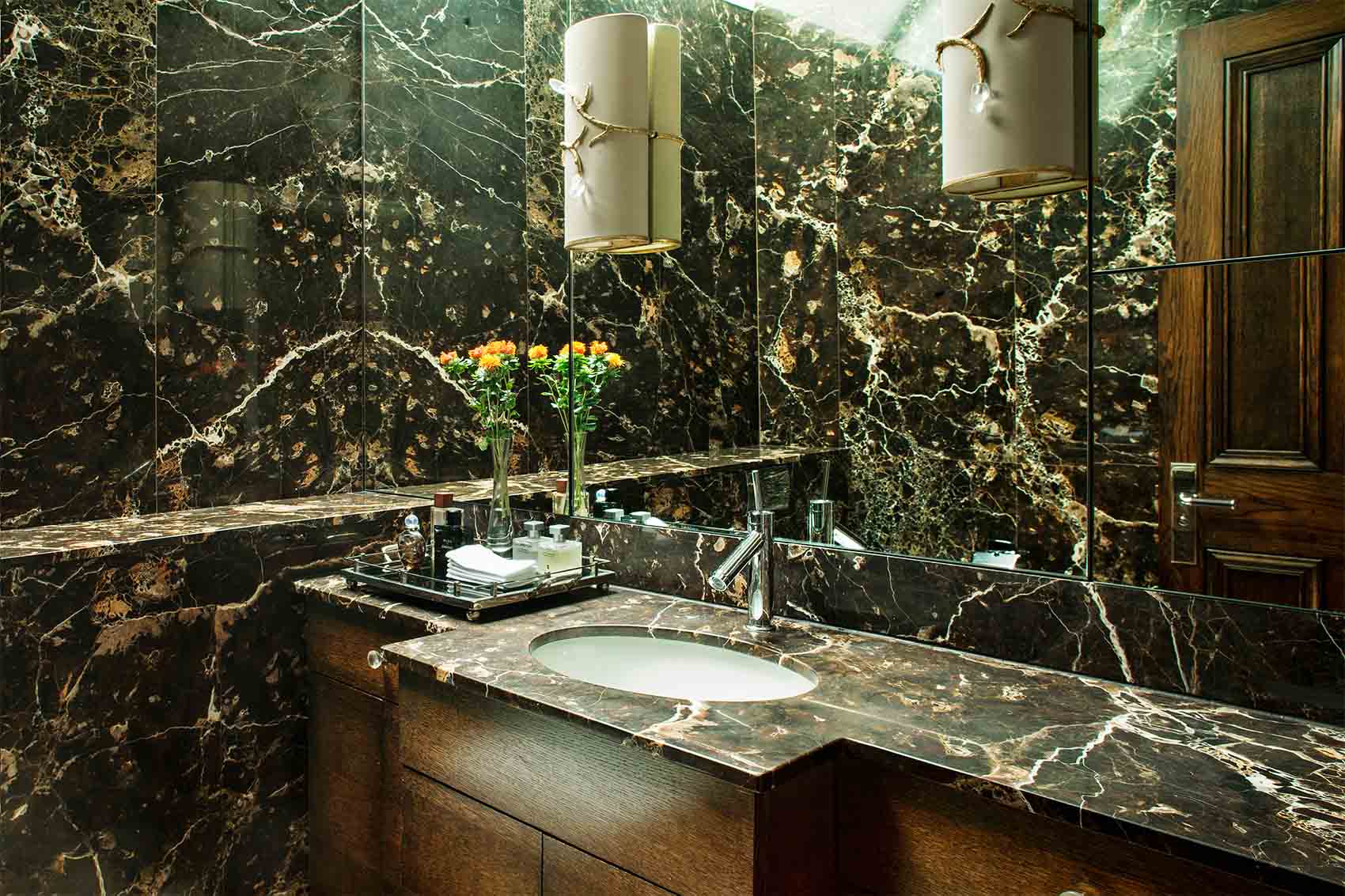Marble powder room. Bespoke vanity unit, full width mirror concept, accessory tray