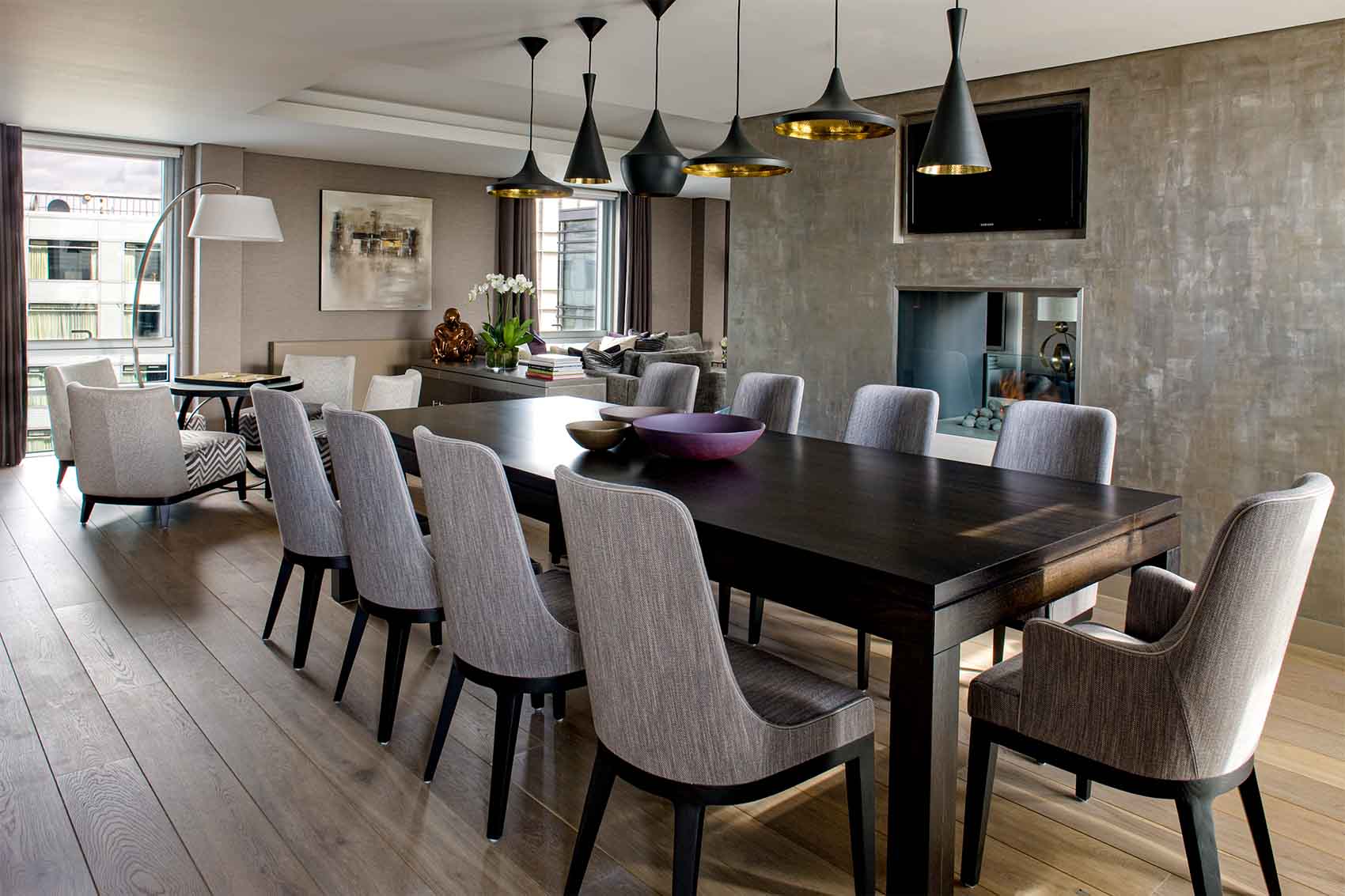 Dining space design by Rene Dekker, Minotti dining chairs, timber floor, specialist plaster walls