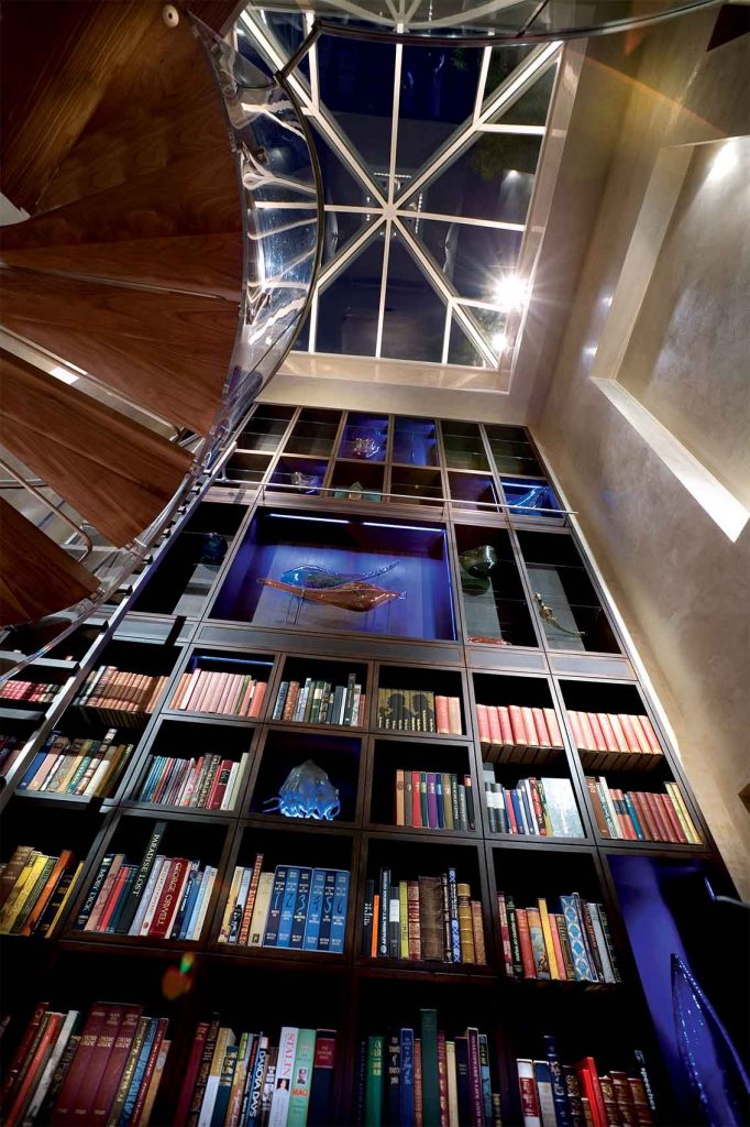 Rene Dekker Design, Double volume study, glass skylight, tall bespoke book case, polished plaster walls