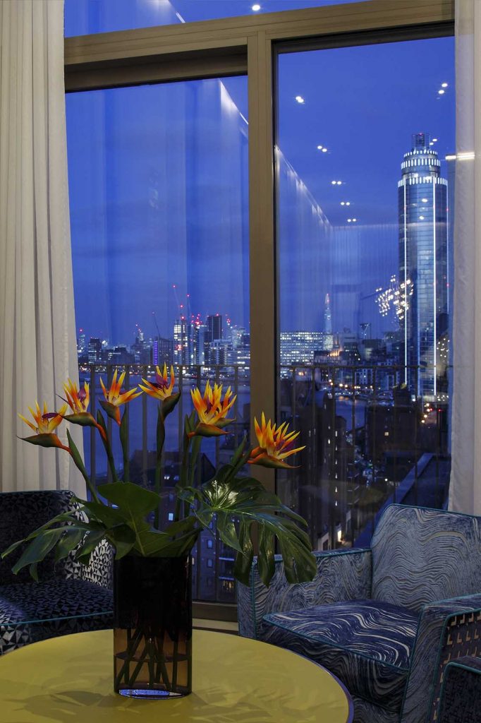 Room with a view, night time skyline, strelizias, green leather table