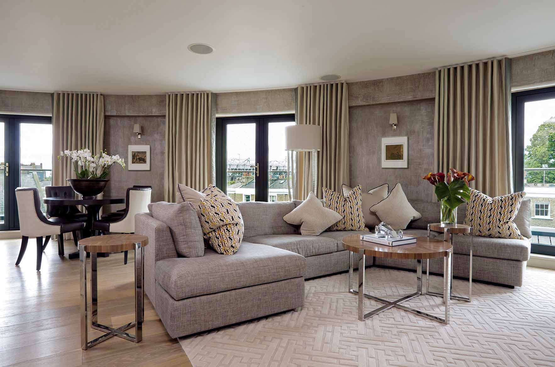 High end London apartment design by Rene Dekker, bespoke rug, linen upholstered sofa