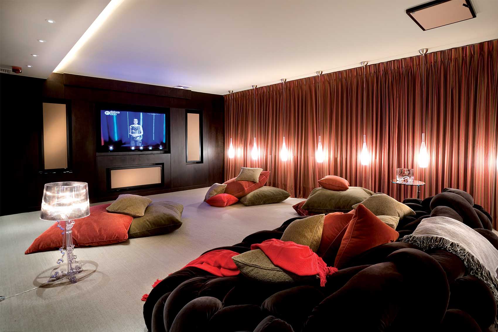 Rene Dekker Design, Moroccan inspired cinema, Edra Boa sofa, red and taupe scatter cushions