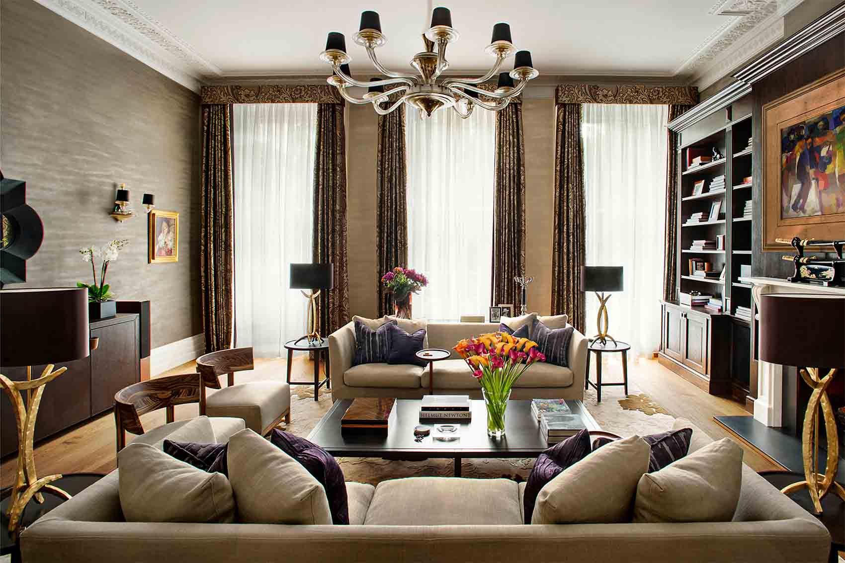 Grand Living room, specialist wall finish, Murano chandelier, bespoke display unit, Italian sofas