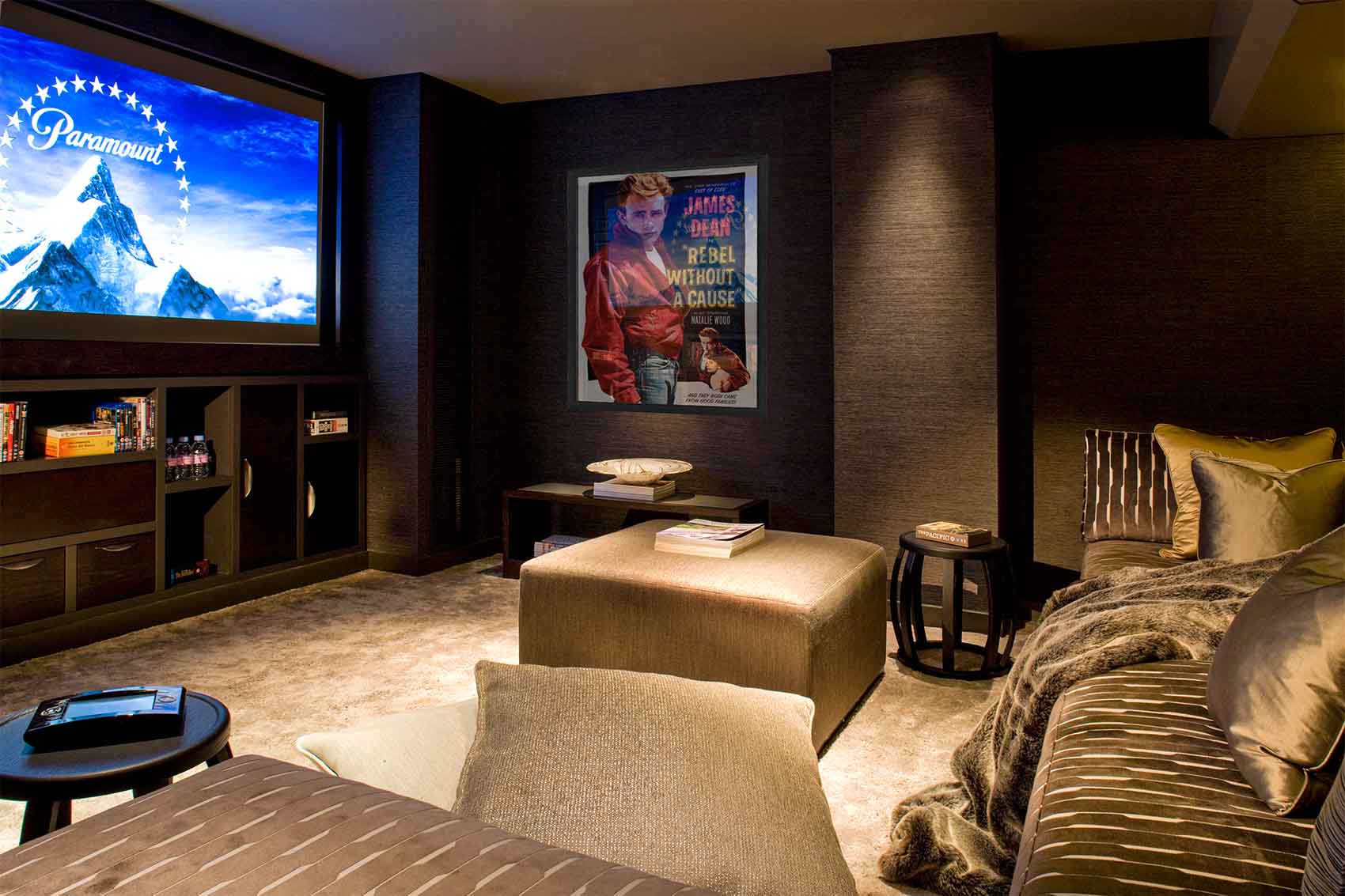 Luxury cinema room, Rene Dekker, velvet patterned upholstery, wide screen TV