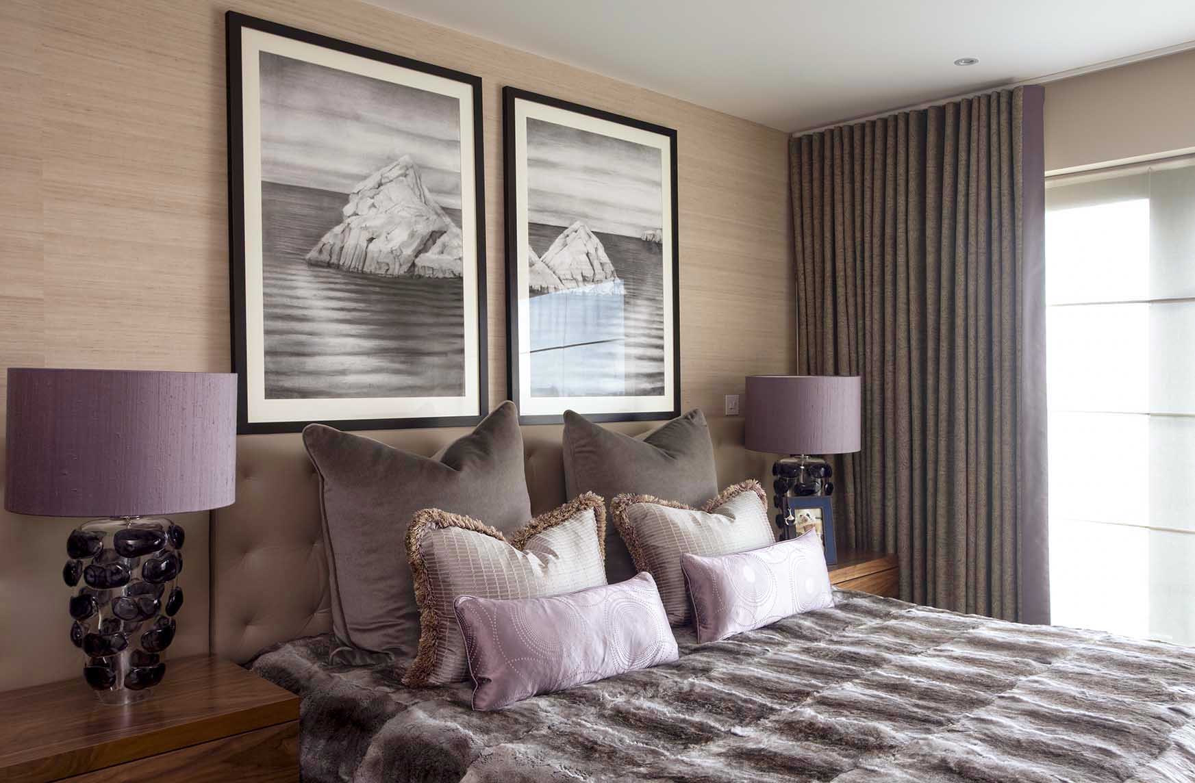 Master bedroom design, fur throw, bespoke art, silk wall covering, glass bedside lamps in mauve