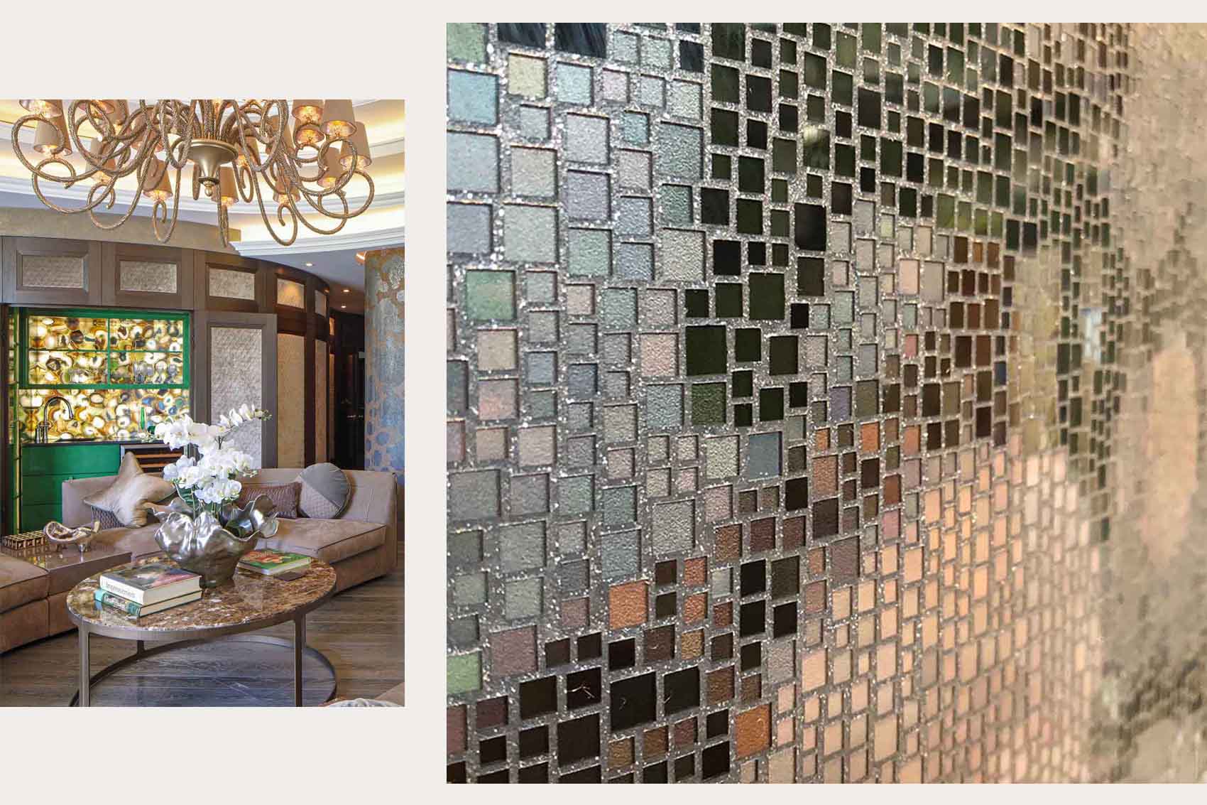 Glitter grout, bespoke design mosaic fire place wall, Murano chandelier, backlit stone wall