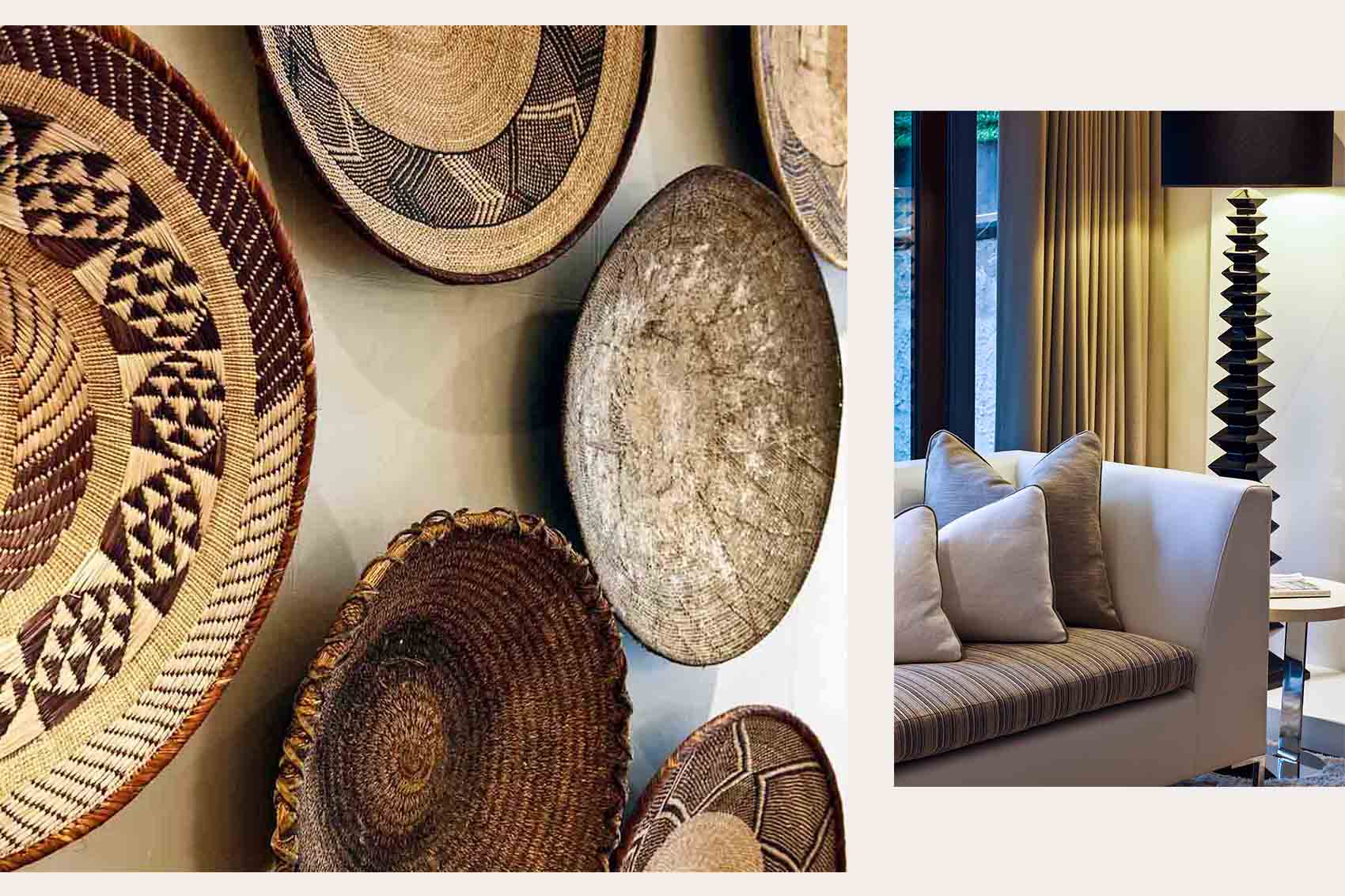 African wall art basket collection, bespoke sofa in white leather and ethnic inspired cushions