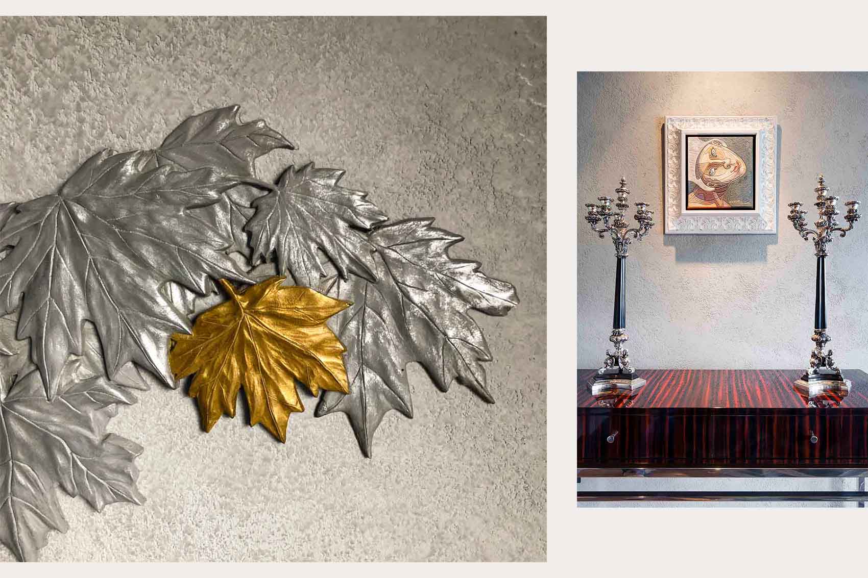 Gold and silver embossed leaves, Macassar ebony table