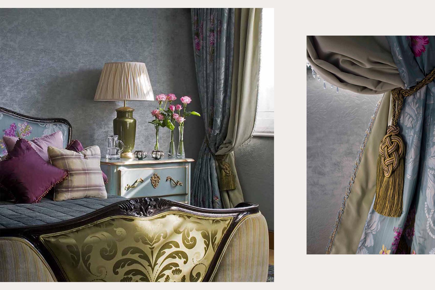 grey blue bedroom scheme, French bed, velvet walls, velvet drapery, green upholstery