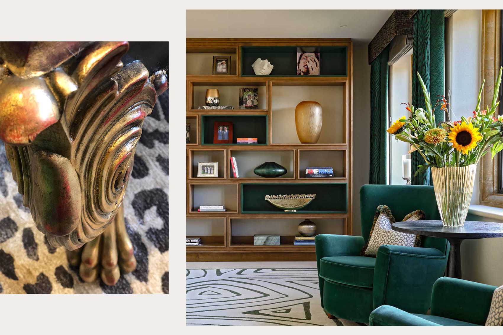 Silk leopard design rug, gold leg detail, modern display cabinet, green velvet arm chairs