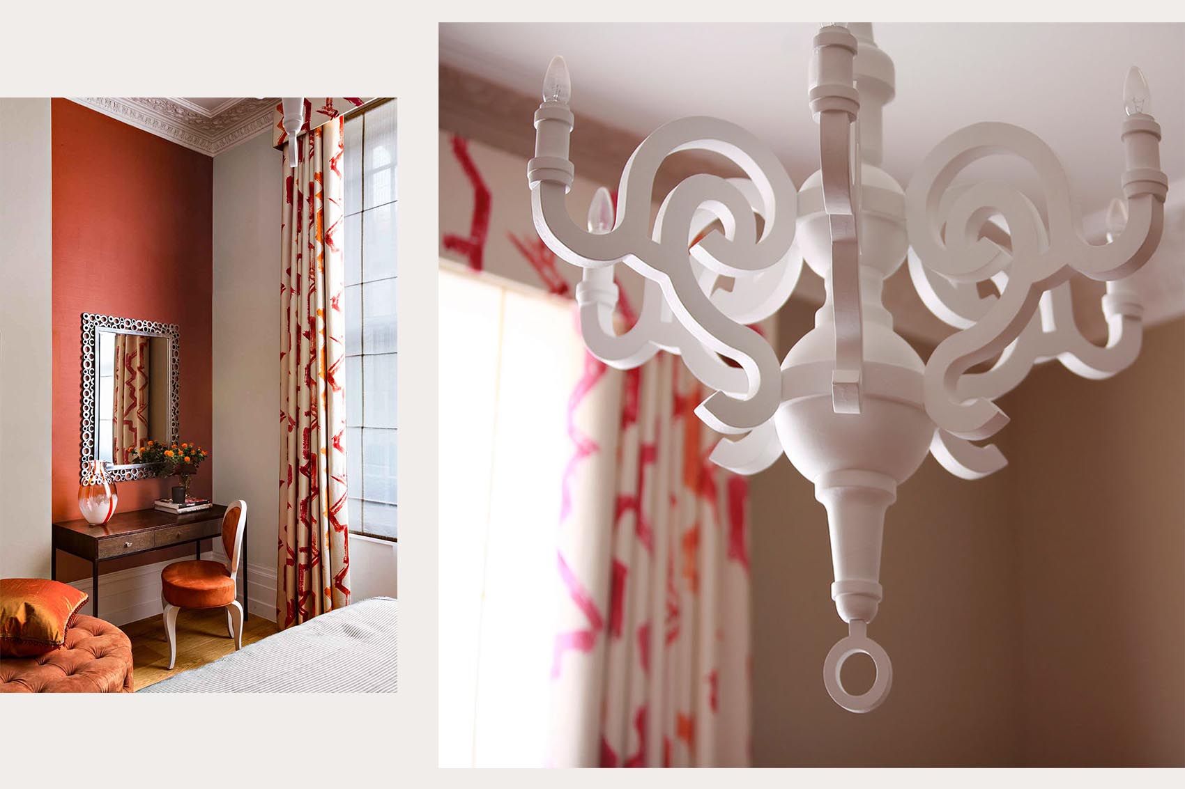 Guest bedroom design, white and orange accents, Moooi paper chandelier, orange deep button pouf