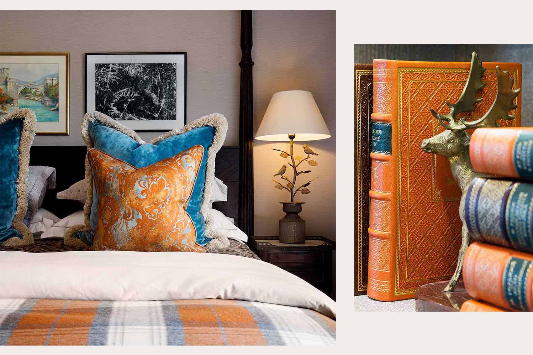 Shades of orange cushions and books, leather bound books, tartan bedspread