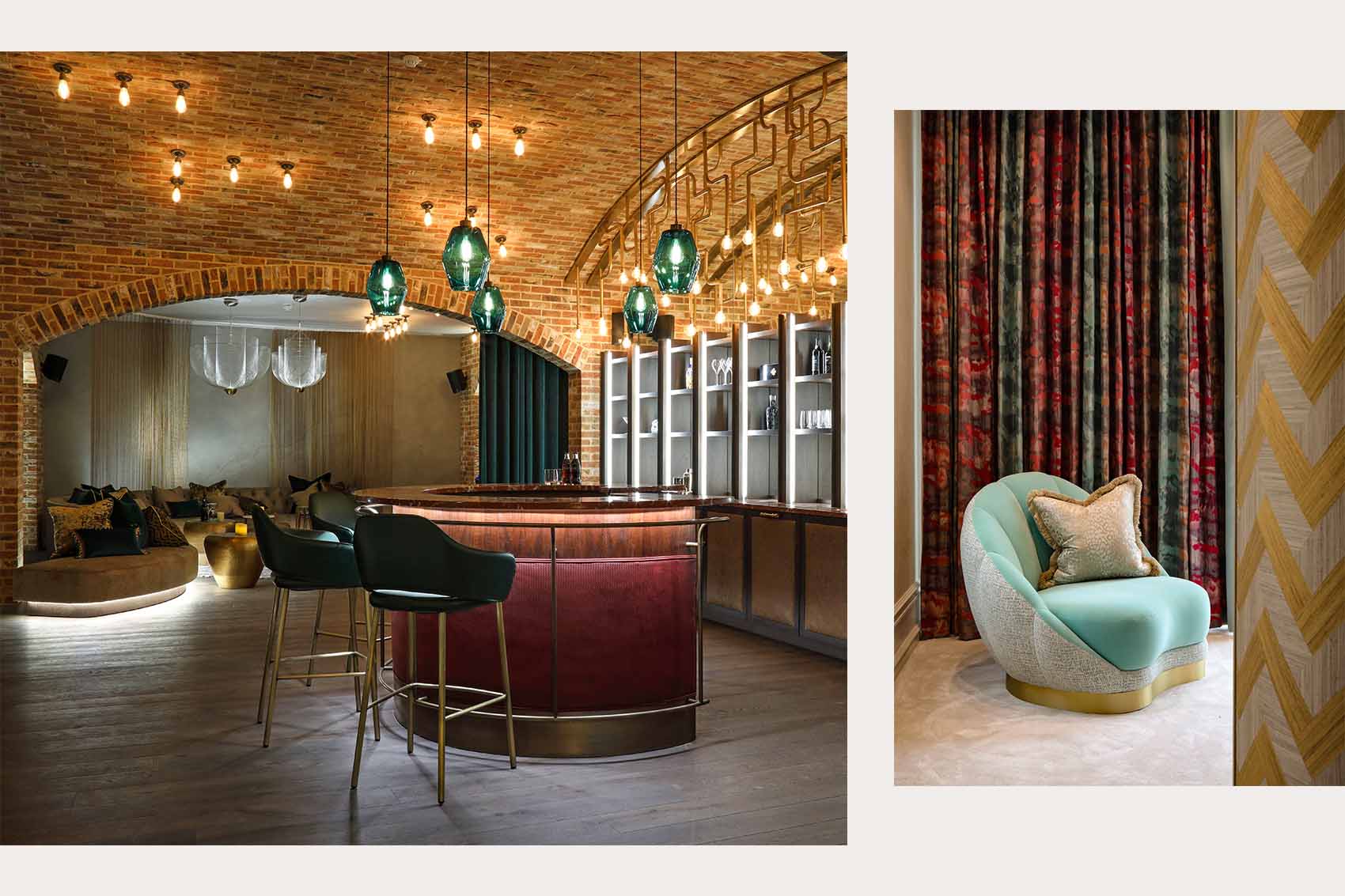 Leather and walnut bar in cool underground party room. Contemporary art Deco arm chair in mint velvet, gold cushion