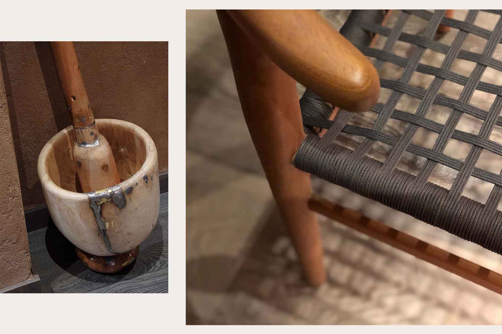 Danish inspired tribal chair with grey woven seat, African sculpture
