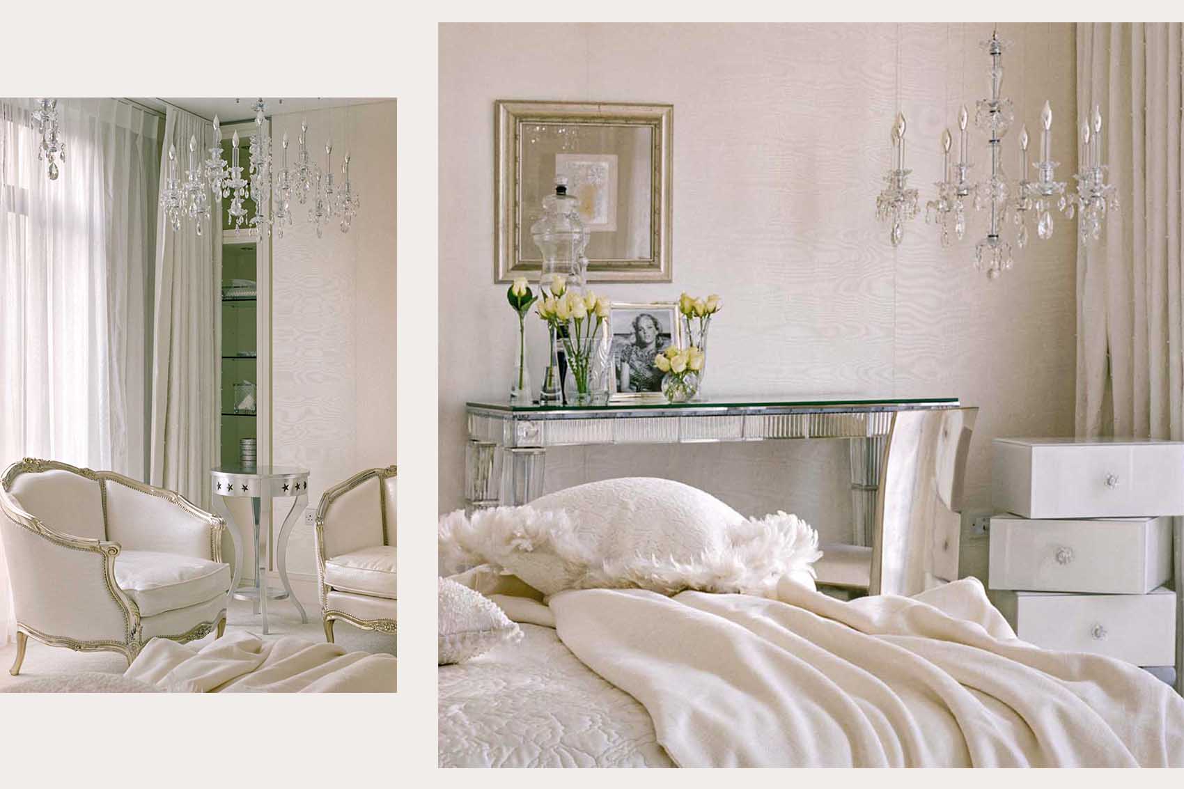 Luxurious master bedroom, silk walls, crystal furniture, chandeliers