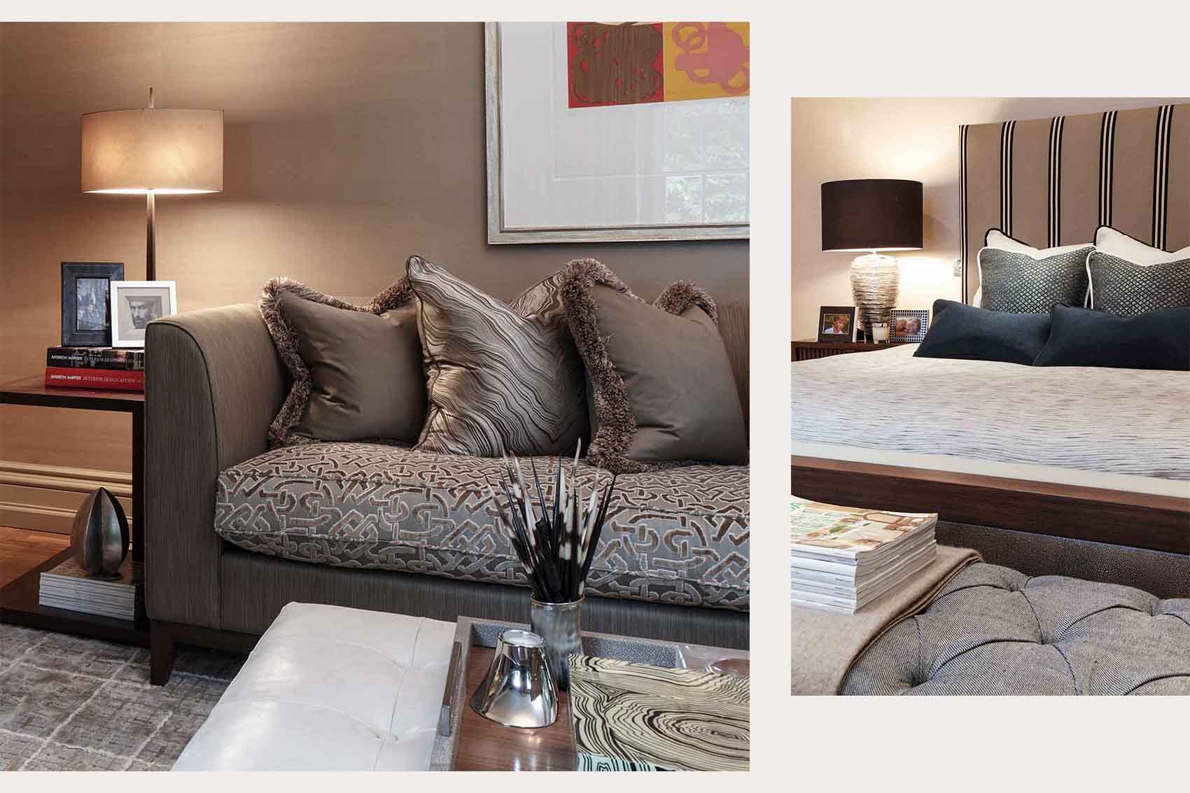 Reception room vignette, comfortable sofa, linen upholstery, silk wall paper. Master bedroom bespoke bed