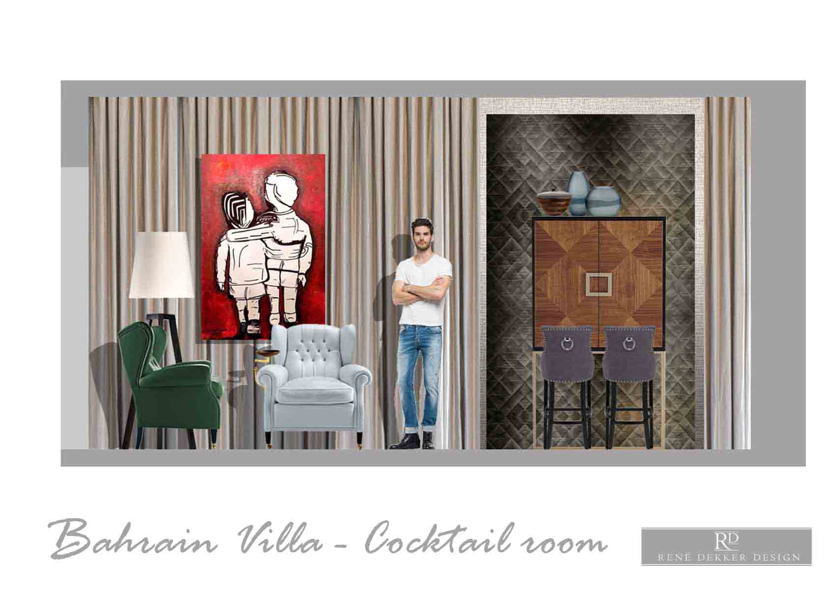 Colour rendered elevation, cocktail room, curtained walls, colourful art, arm chair