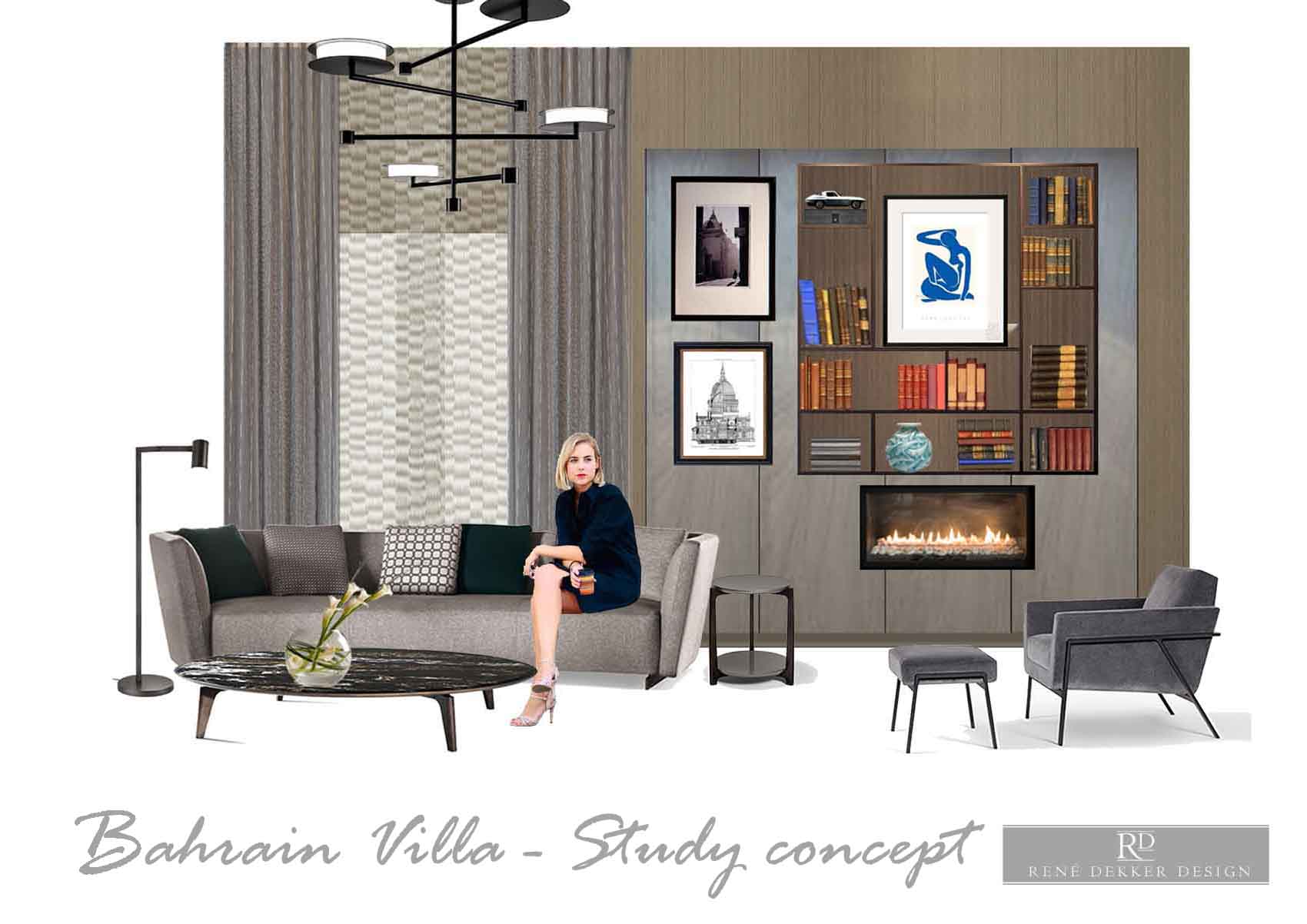 Colour rendered elevation of Study, marble coffee table, Minotti furniture