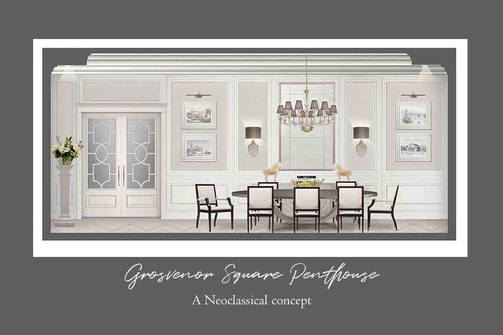 Colour rendered elevation of dining room, panelled walls, classic dark furniture